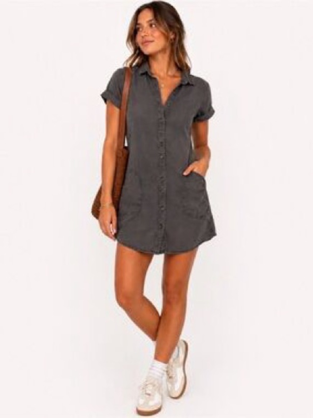 Lucky Brand Short Sleeve Button-Front Mini Dress in Charcoal Gray